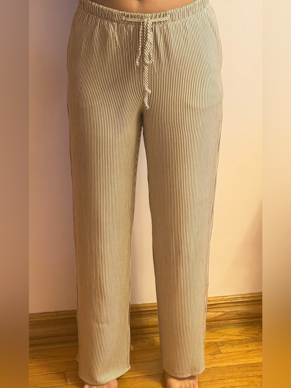 Women Sienna Sky Beige and White Pinstripe Linen Drawstring Pants